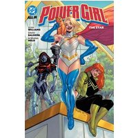 Comic book cover featuring superhero Power Girl in a white and blue costume with a red cape, standing on a rooftop.