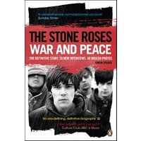 "The Stone Roses War and Peace book with black and white band photo and red title banner"
