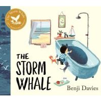 "The Storm Whale" children's book, illustrated cover with boy in bathtub, window view of sea, and gold award sticker.
