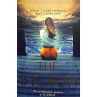 Book cover of "The Storm" featuring a woman in an orange skirt sitting on a dock facing a turbulent sea.