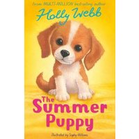 "The Summer Puppy book with illustrated brown and white puppy on yellow background, author Holly Webb."