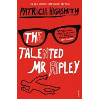 Red book cover of "The Talented Mr Ripley" by Patricia Highsmith, features black glasses and white stylized text.