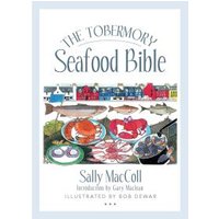 "The Tobermory Seafood Bible" book with colorful seafood illustrations and coastal town backdrop.