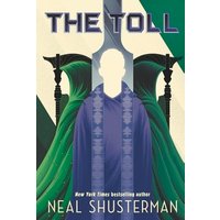 "The Toll book cover featuring a faceless figure in purple robe with green scythes and abstract background."