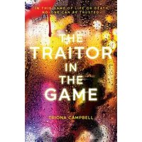 "The Traitor in the Game" book with colorful abstract cover and raindrop effect.