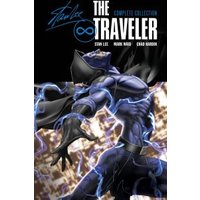 Comic book cover of "The Traveler" featuring a masked superhero in a dynamic pose with blue energy and lightning effects.