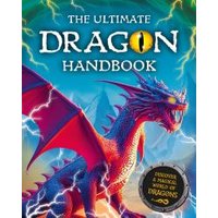 "The Ultimate Dragon Handbook with a colorful dragon illustration and glowing eyes on a blue and green background"