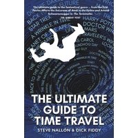 "The Ultimate Guide to Time Travel" book with silhouette of a falling person and spiral of sci-fi titles on blue background.