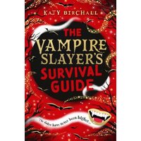 Red and black book cover titled "The Vampire Slayer's Survival Guide" with bats and fangs illustration.