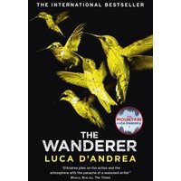 Black book cover titled "The Wanderer" by Luca D'Andrea, featuring yellow birds in flight and a red circular badge.