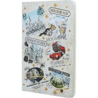 A5 lined cahier with Harry Potter-themed collage, featuring Hogwarts, train, and gold stars on a light background.