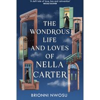 Blue book cover, "The Wondrous Life and Loves of Nella Carter" by Hodder & Stoughton, features illustrated doors and windows.