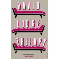 "Book cover for 'Therapy' by David Lodge with pink and black chaise lounges on a beige background"
