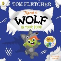 "Children's book 'There's a Wolf in Your Book' with cartoon wolf character on a blue and white torn paper cover design"