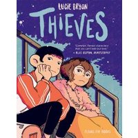 "Graphic novel 'Thieves' by Lucie Bryon, features two characters sitting on stairs, one in a red jacket, the other in pink."