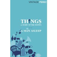 Blue book cover titled "Things" with scattered silhouettes of household items and "A Man Asleep" subtitle.