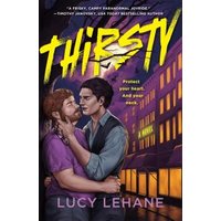 "Thirsty book cover with two men embracing, neon yellow title, and cityscape background under a purple sky."