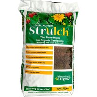 Green and white bag of Thompson & Morgan Strulch mineralised straw mulch with colorful garden images.