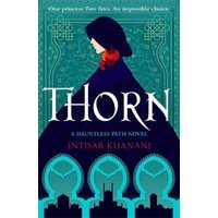 "Thorn book cover featuring a cloaked figure against a teal and dark blue ornate background with bold white title text"