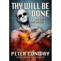 "Book cover 'Thy Will Be Done' featuring tattooed soldier with sunglasses, helicopter, and fiery background."
