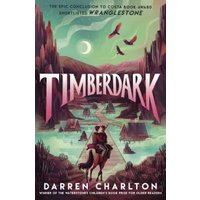 "Timberdark book cover with a rider on horseback, moonlit landscape, and stylized pink title text"