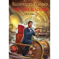 Illustrated book cover of "The Time Machine" with a man in a futuristic chair surrounded by gears and dials.