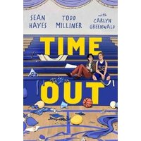 "Book 'Time Out' with illustrated cover of two people on bleachers, surrounded by sports items and balloons"
