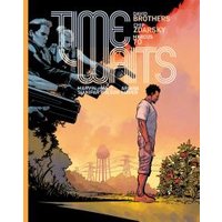 "Time Waits comic book with illustrated man in profile, shadowy figures above, and water towers in the background"