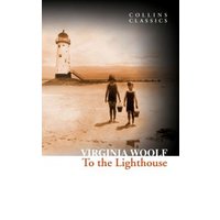 "Collins Classics edition of 'To the Lighthouse' by Virginia Woolf, cover with lighthouse and two figures on a beach."