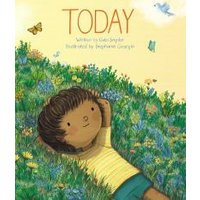 Children's book "Today" with a child lying in a meadow, surrounded by flowers and a blue sky with butterflies.