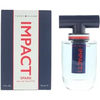 Tommy Hilfiger Impact Spark Eau De Toilette 50ml, clear bottle with bold red logo and T-shaped black cap.