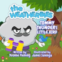 Children's book cover with a cartoon cloud holding binoculars, a blue bird, and colorful text.