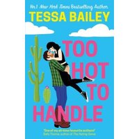 "Too Hot to Handle book cover with couple embracing, cactus, and bright blue background."