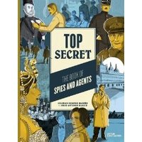 "Top Secret book with vintage spy illustrations, featuring agents and historical figures in various scenes"