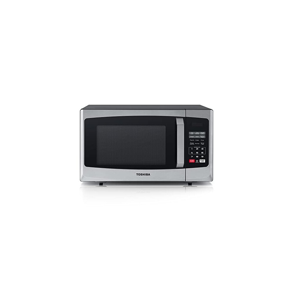 Toshiba 800W microwave oven in sleek silver with a black front, featuring a digital display, auto defrost, one-touch express cook, and six pre-programmed settings.