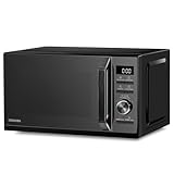 Black Toshiba microwave oven with mirror door, digital display, control knob, and buttons on the right side.