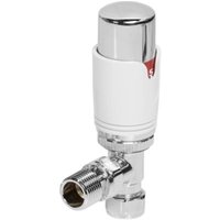White angled thermostatic radiator valve with chrome accents and cylindrical top by Towelrads.