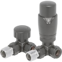 Anthracite round corner thermostatic radiator valves and lockshield set with silver connectors and numbered dial.