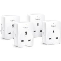 White TP-Link Tapo Mini Smart Wi-Fi Sockets, square design, energy monitoring, 4-pack with UK plug sockets.