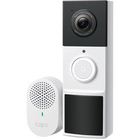 Black and white TP-Link Tapo video doorbell camera with round lens and speaker, includes separate white chime unit.