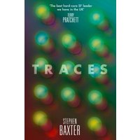 "Traces book cover with multicolored blurred lights and bold white title text by Stephen Baxter"