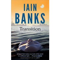 "Transition book by Iain Banks, cover with a mask on water under an orange sky and city skyline."