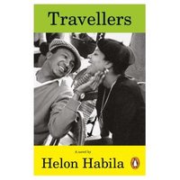 "Travellers novel by Helon Habila, cover with black and white photo of a smiling couple, green and yellow background"