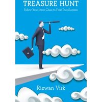 "Blue book cover 'Treasure Hunt' with man holding telescope, briefcase, and clouds, by Rizwan Virk"