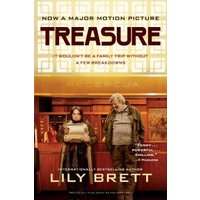 "Treasure movie poster with two characters standing in a hotel lobby, featuring a gold and red color scheme."