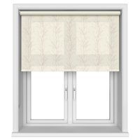 Ecru roller blind with subtle leaf pattern, fitted inside a white window frame.