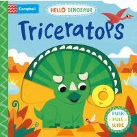 Children's book "Triceratops" with green dinosaur illustration, colorful background, and interactive features.