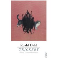 "Roald Dahl book 'Trickery' with a cat illustration obscured by a black scribble on a pink background"