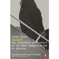 "Book cover of 'Trinity' by Frank Close, featuring a monochrome image of a man on stairs with bold yellow title text."