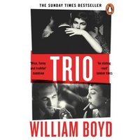 "Paperback book 'Trio' by William Boyd, featuring black and white photos with red title banner on the cover."